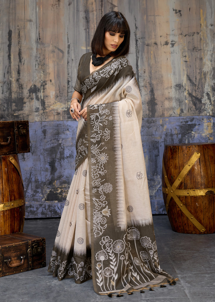 Olive Green Printed Cotton Silk Saree