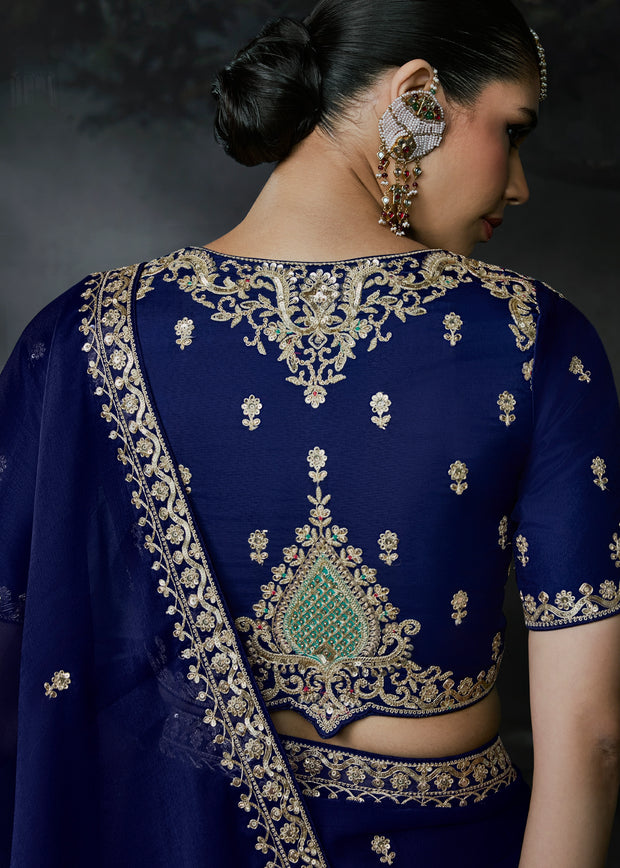 Navy Blue Embroidered Designer Saree