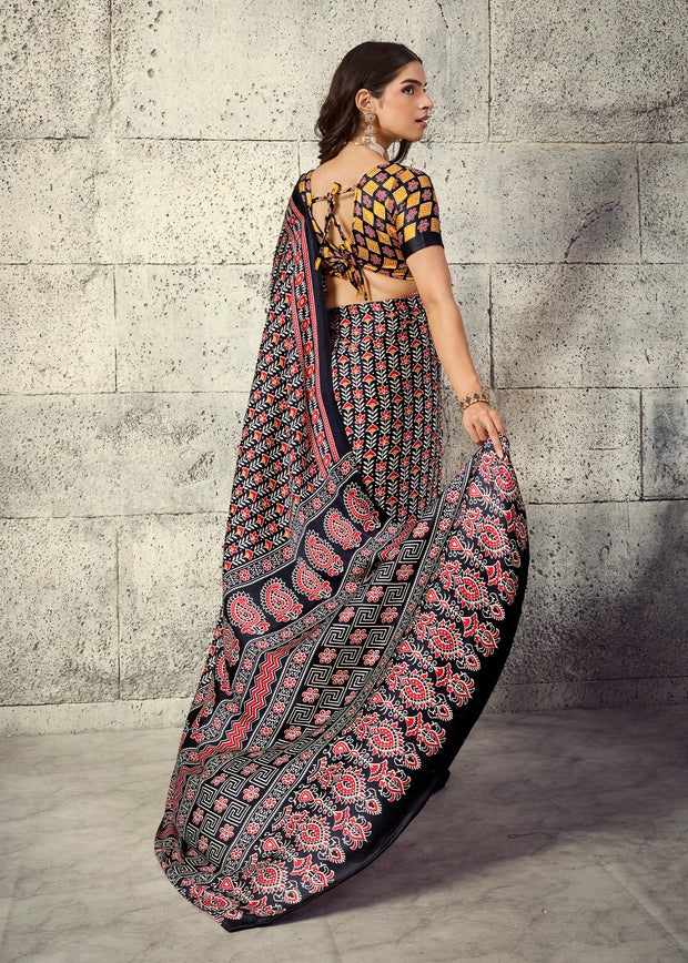 Black Printed Satin Silk Saree