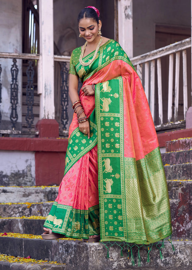 Peach Pink Woven Banarasi Silk Saree