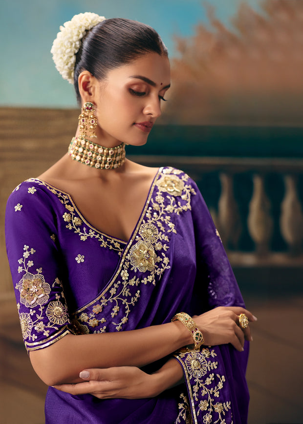 Royal Purple Embroidered Designer Saree