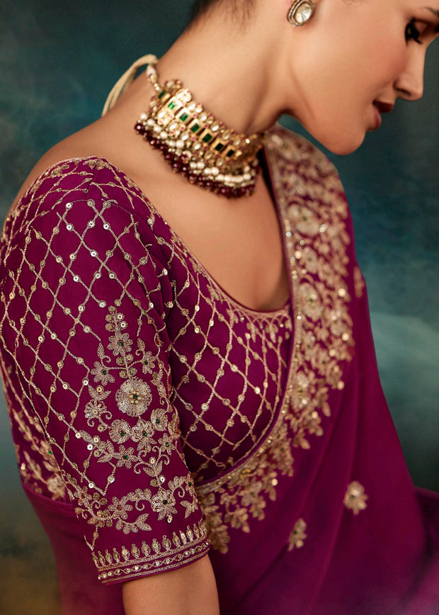 Magenta Purple Designer Embroidered Saree