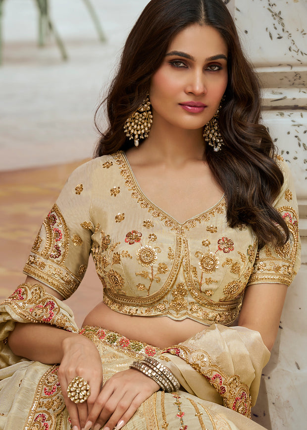 Beige Banarasi Silk Embroidered Lehenga