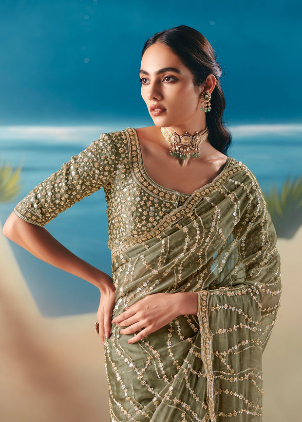 Mehendi Green Satin Organza Embroidered Saree