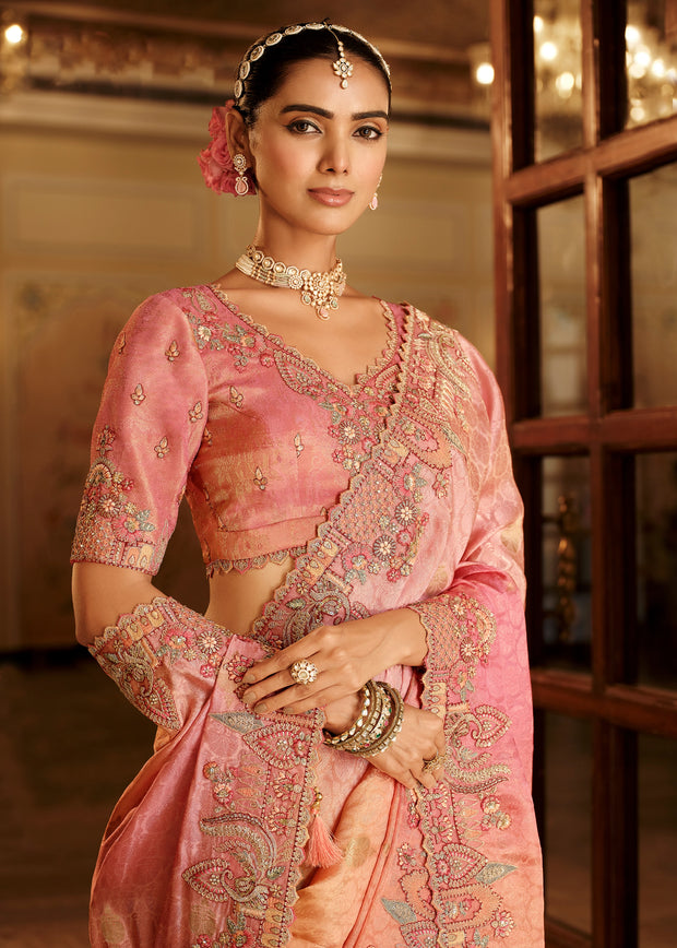 Peach & Pink Designer Embroidered Silk Saree