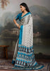 Ocean Blue And White  Printed Satin Silk Saree