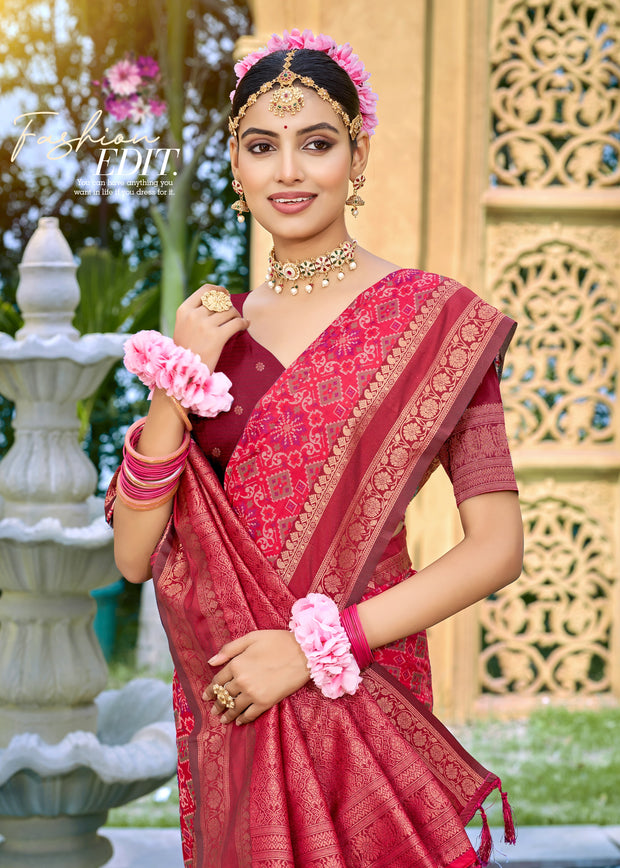 Raspberry Pink Woven Banarasi Silk Saree
