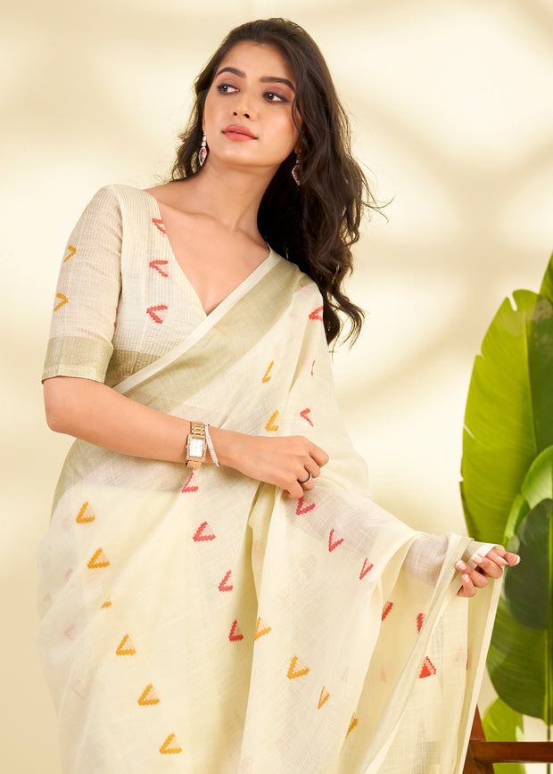 Off White Woven Linen Silk Saree