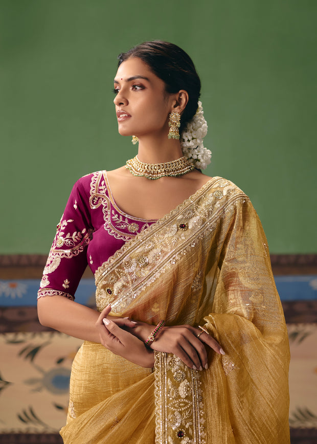 Mimosa Yellow Embroidered Designer Saree