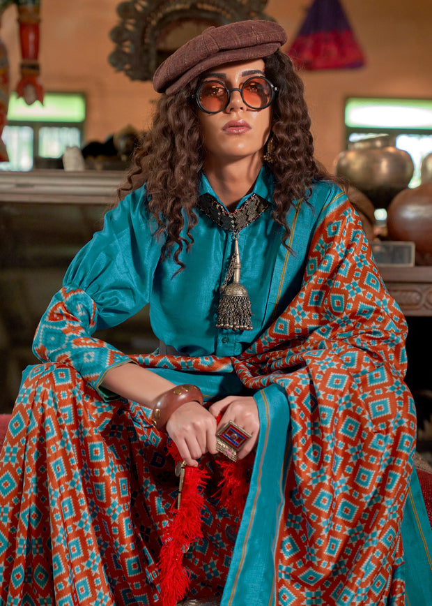 Blue And Brown Printed Patola Silk Saree