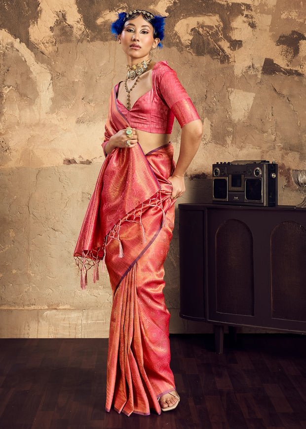 Coral Pink Woven Kanjivaram Silk Saree