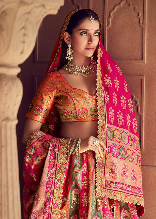 Pink And Orange Banarasi Silk Embroidered Lehenga
