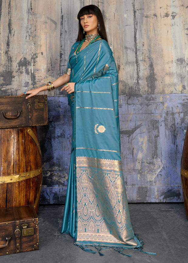 River Blue Woven Banarasi Satin Silk Saree