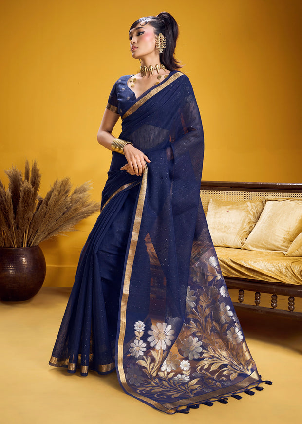 Navy Blue Woven Cotton Silk Saree