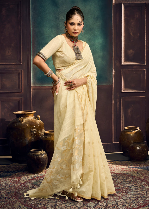 Cream White Woven Munga Cotton Silk Saree