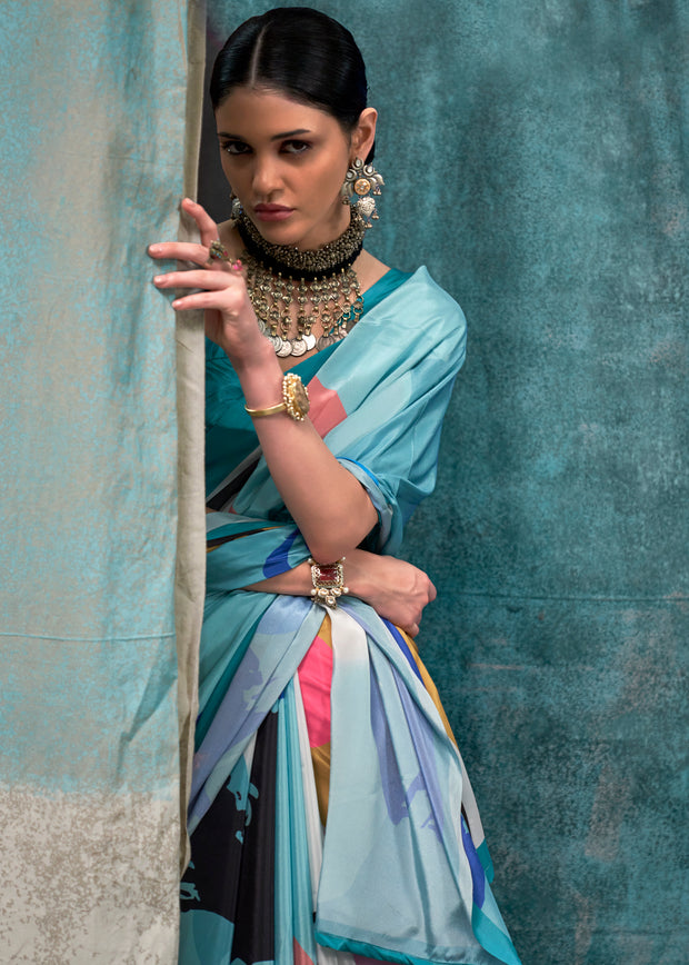 Sea Blue Satin Crepe Printed Silk Saree