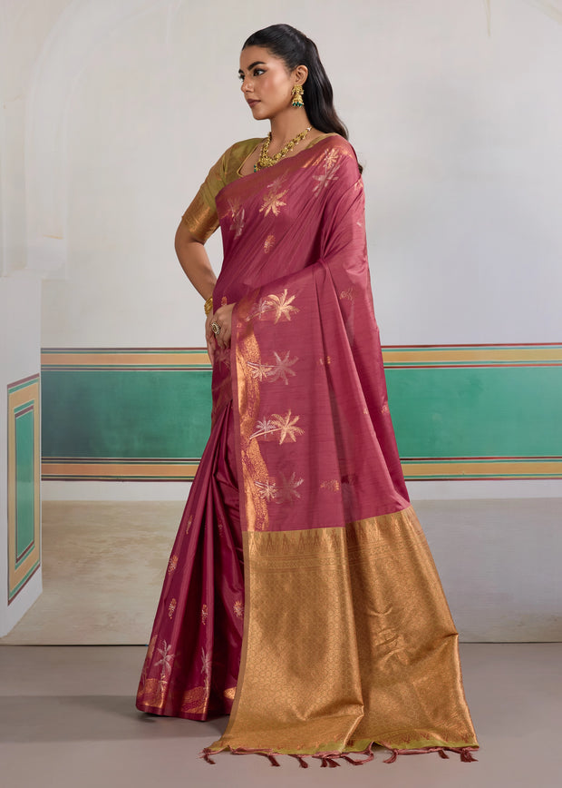 Mauve Pink Woven Tussar Silk Saree