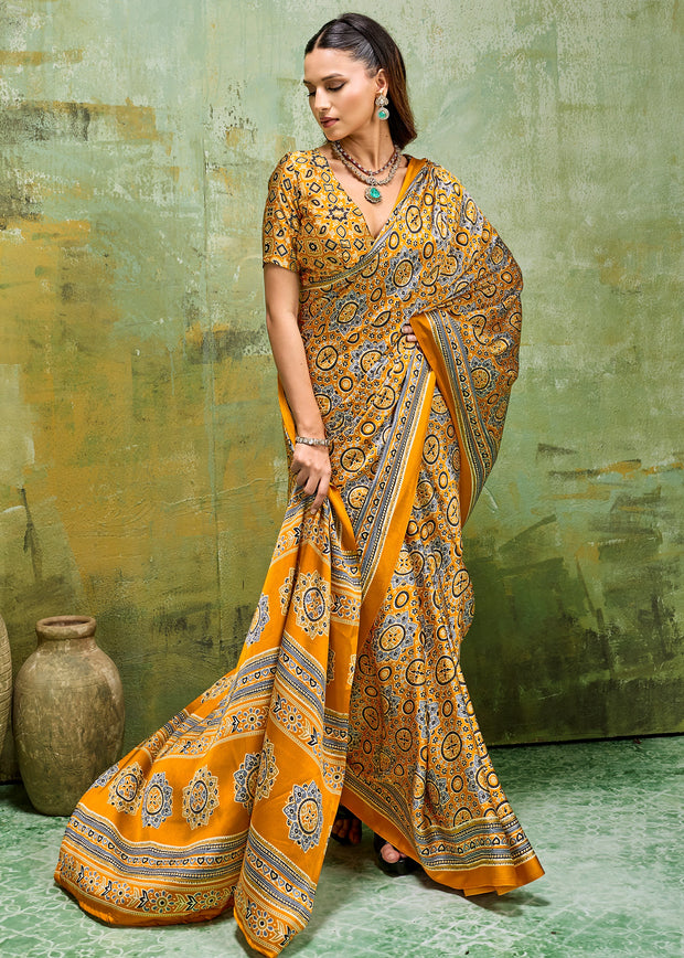 Haldi Yellow Printed Satin Silk Saree