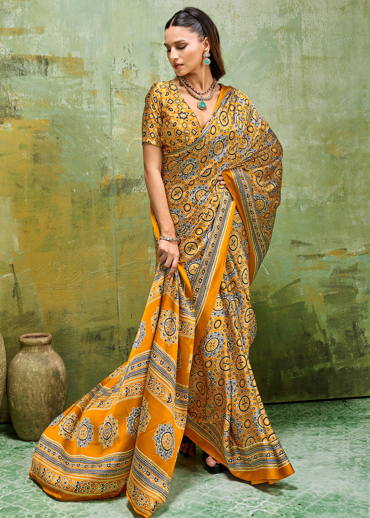 Haldi Yellow Printed Satin Silk Saree