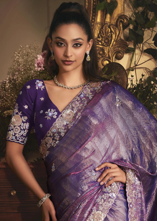 Grape Purple Designer Tissue Organza  Saree