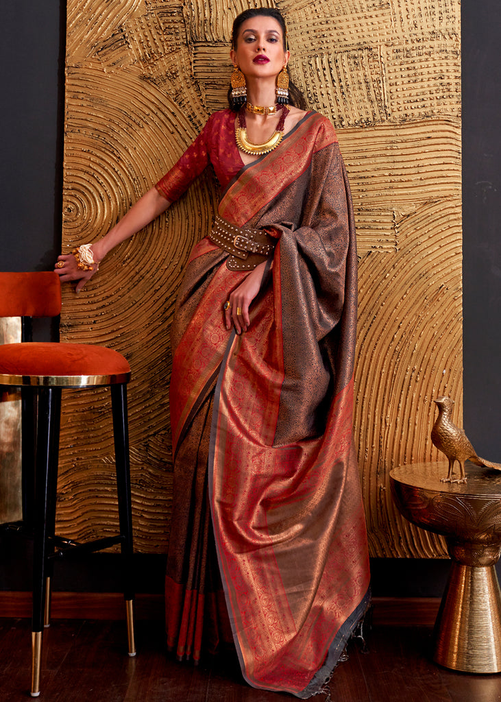 Vishal Prints Coffee Satin Saree With Stone-Diamond Work