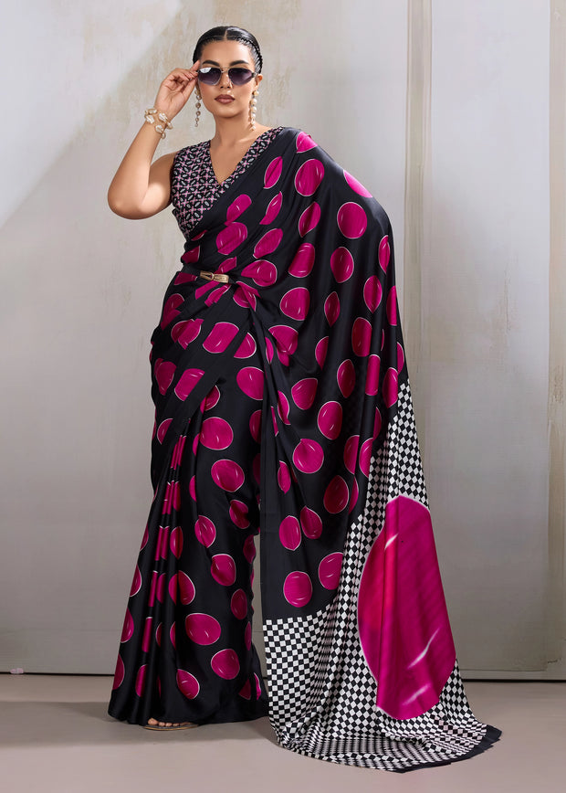 Pink Printed Satin Silk Saree