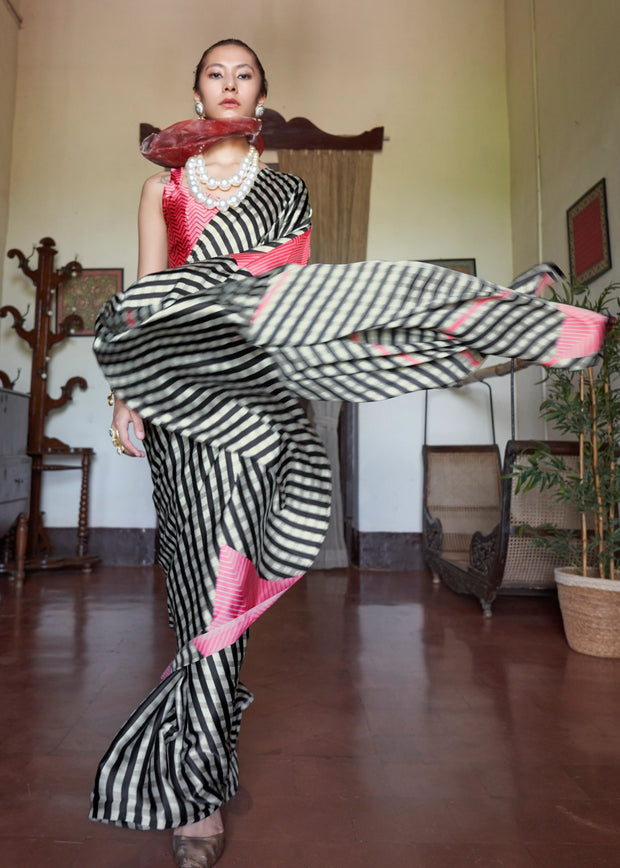 Black White Stripe Printed Satin Crepe Saree