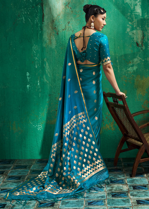 Teal Blue Woven Banarasi Satin Silk Saree