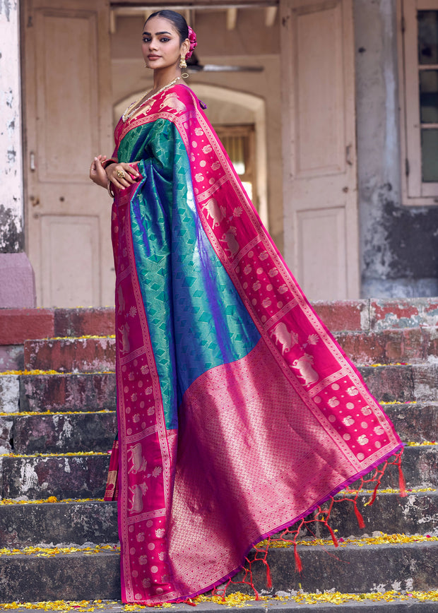 Blue And Pink Woven Banarasi Silk Saree
