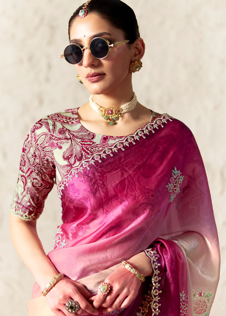 Off White & Pink Designer Organza Tissue Silk Saree With Printed Blouse