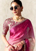 Off White & Pink Designer Organza Tissue Silk Saree With Printed Blouse