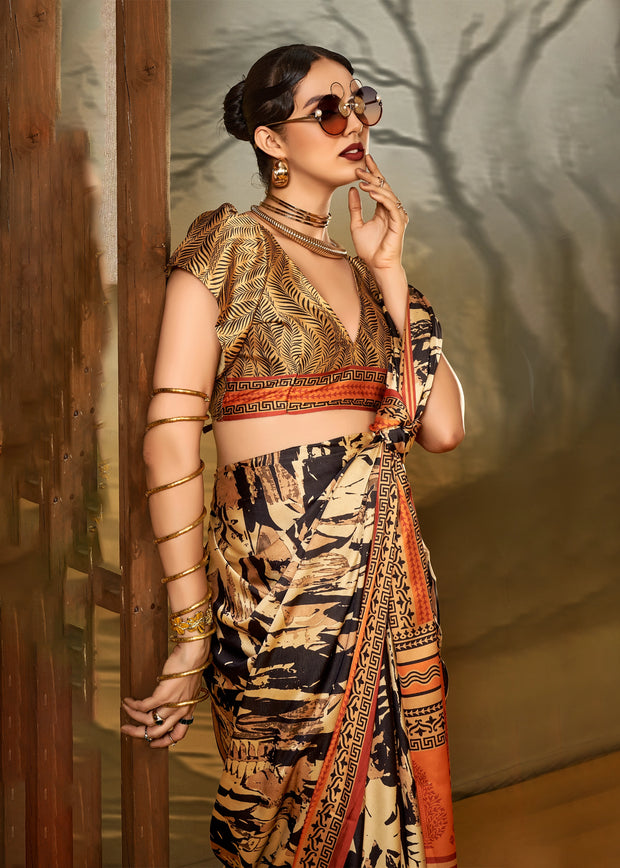 Golden Shine Printed Satin Silk Saree