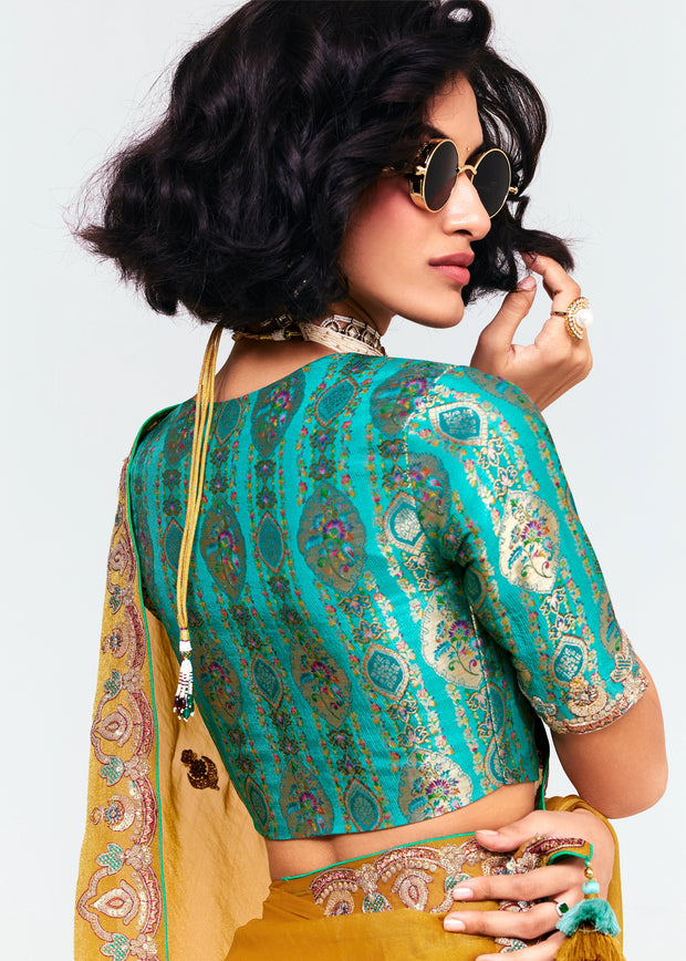 Mimosa Yellow Designer Embroidered Tissue Saree