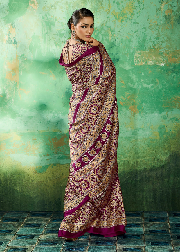 Purple Printed Satin Silk Saree