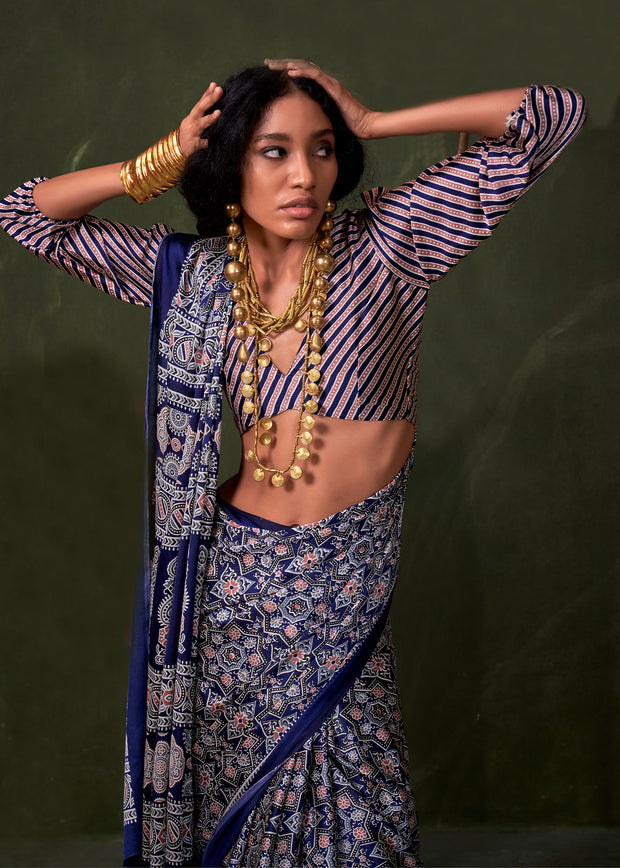 Patriot Blue Printed Satin Crepe Silk Saree