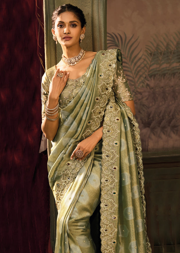 Mehndi Green Designer Embroidered Silk Saree