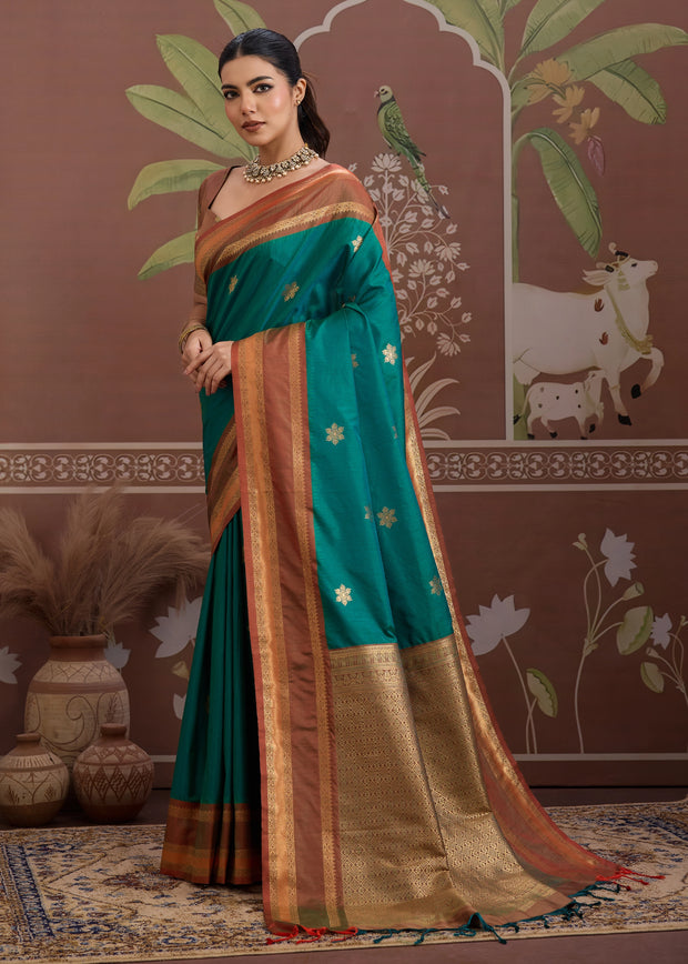 Teal Green Woven Banarasi Tussar Silk Saree