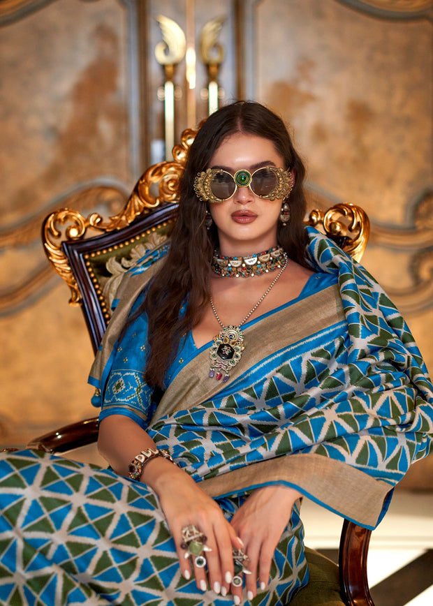 Swedish Blue Printed Patola Silk Saree