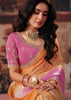 Peach And Pink Ombre Designer Satin Silk Saree With Embroidered Blouse