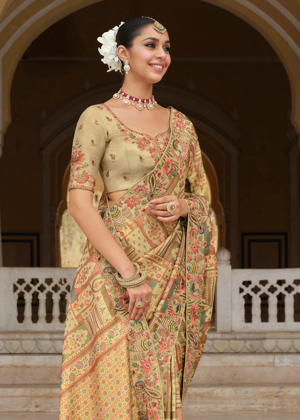 Golden Beige Designer Embroidered Silk Saree