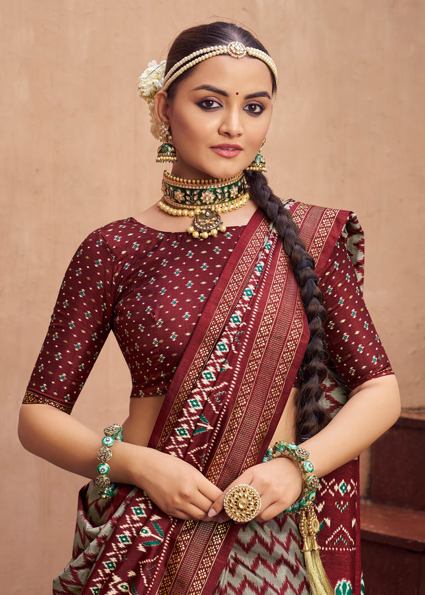 Tibetan Red Printed Patola Silk Saree