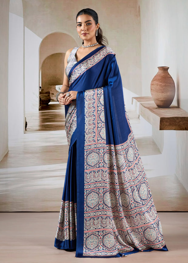 Navy Blue Printed Satin Silk Saree