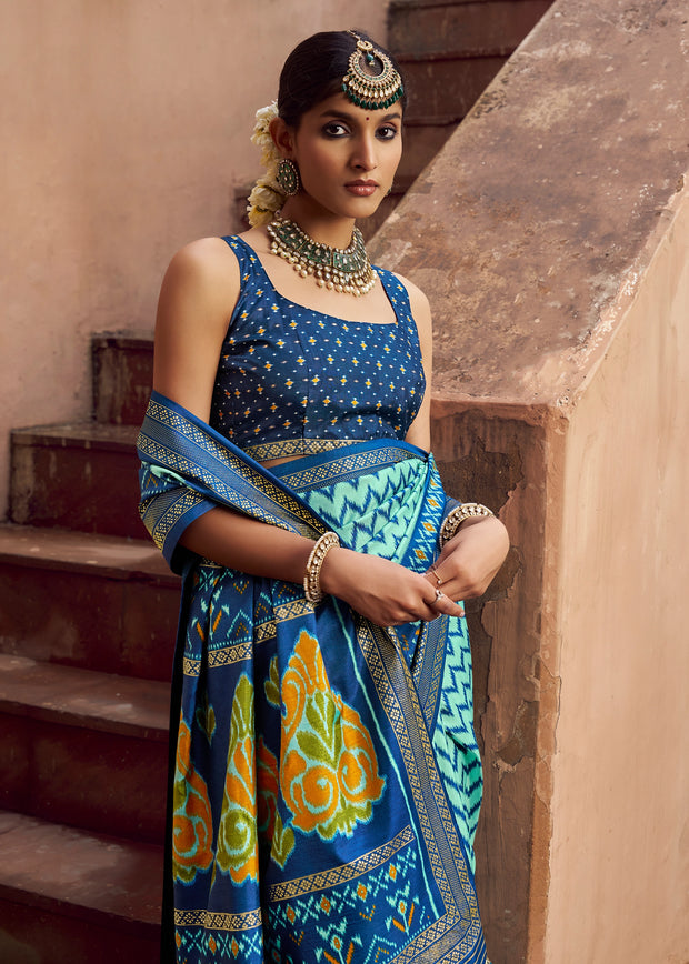 Scuba Blue Printed Patola Silk Saree