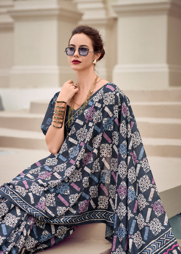 Midnight Black Printed Cotton Silk Saree