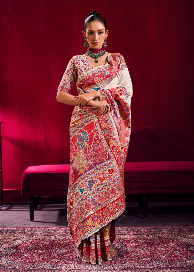 Bright white Woven Cotton Kashmiri Jamewar Saree