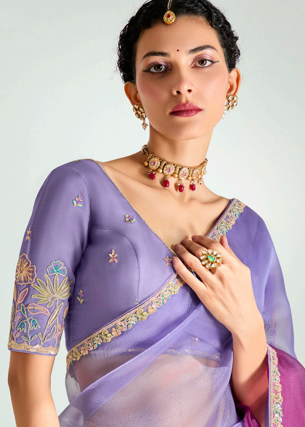 Purple Ombre Designer Tissue Saree With Embroidered Blouse