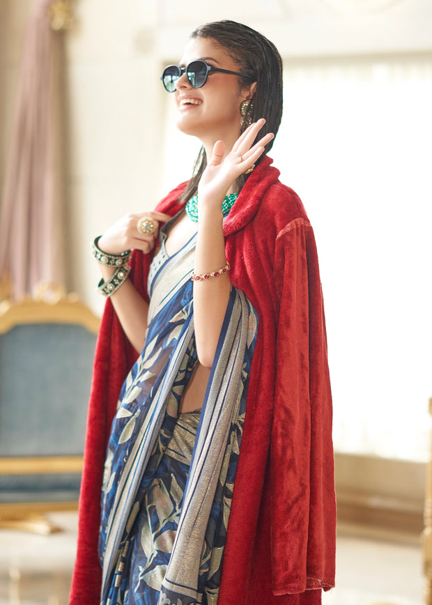 Teal Blue Woven Georgette Silk Saree