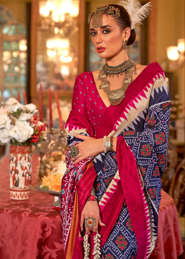 Twilight Blue Printed Patola Silk Saree