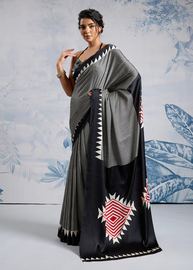 Black And White Printed Satin Silk Saree