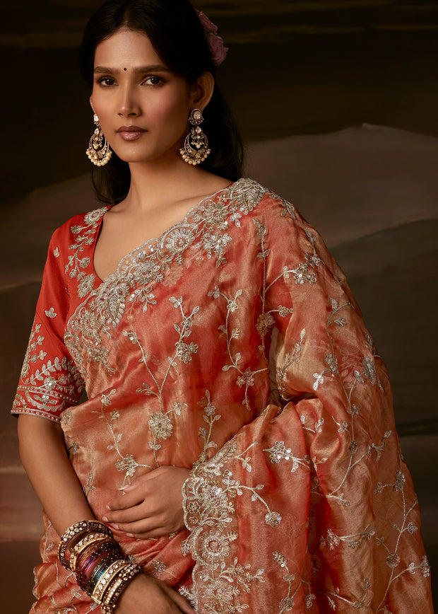 Peachy Orange Embroidered Designer Organza Saree
